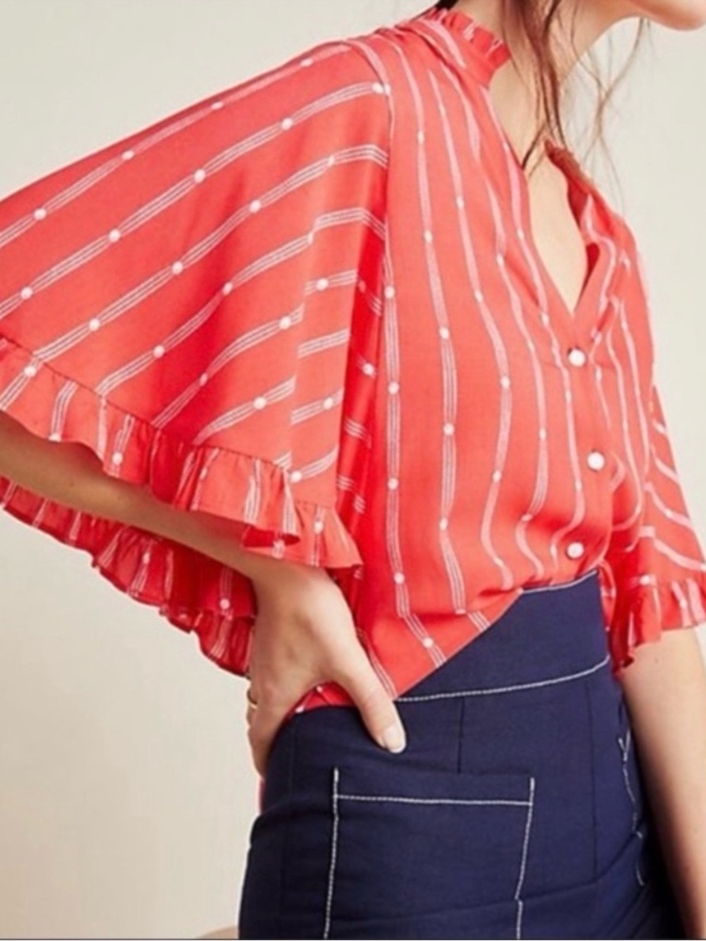 Anthropologie Maeve Aveiro Coral White Stripe Flutter Sleeve Buttondown Top